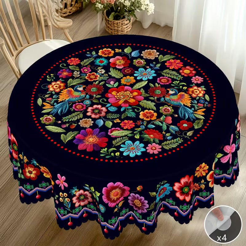 Mexican Floral Tablecloth With Scalloped Edge